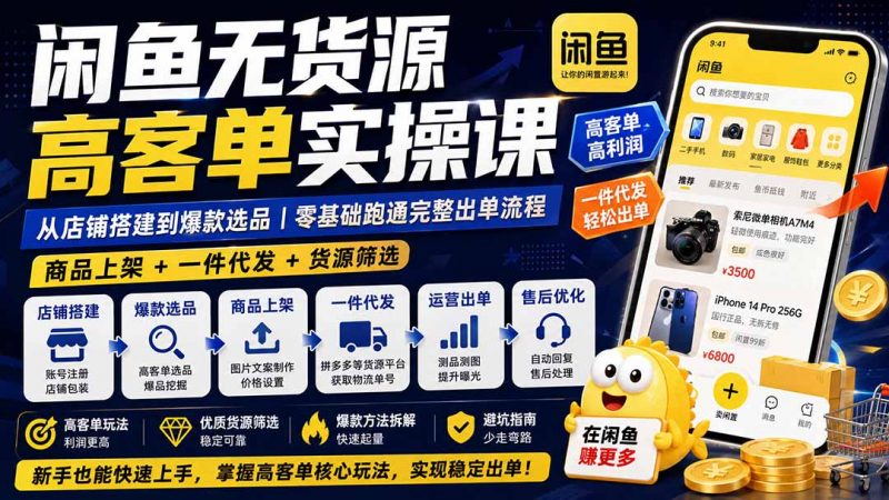 闲鱼无货源高客单实操课:从店铺搭建到爆款选品|商品上架+一件代发+货源筛选,零基础跑通完整出单流程-玻哥网络技术工作室