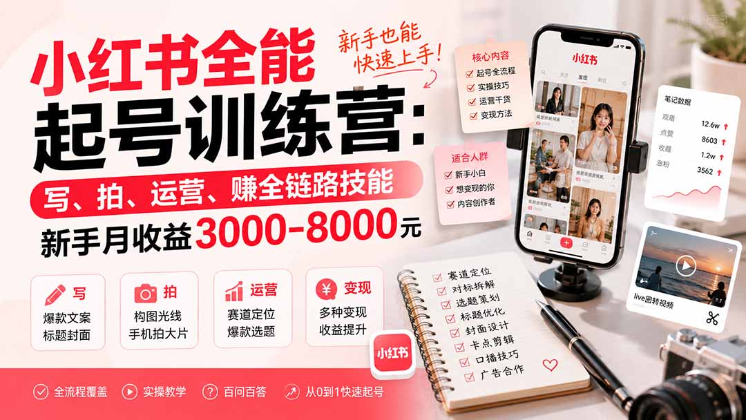 图片[1]-小红书全能起号训练营-更新：写、拍、运营、赚全链路技能，新手月收益3000-8000元-玻哥网络技术工作室