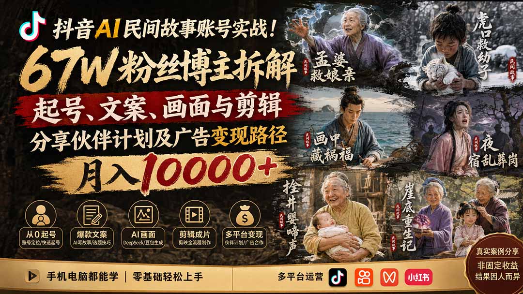 图片[1]-抖音AI民间故事账号实战！67W粉丝博主拆解起号、文案、画面与剪辑，分享伙伴计划及广告变现路径，月入10000+-玻哥网络技术工作室