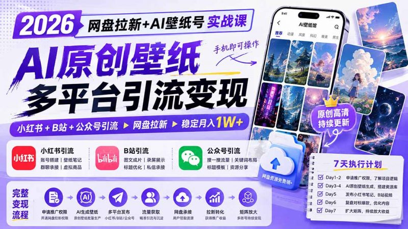 2026网盘拉新+AI壁纸号实战课:AI原创壁纸+小红书+B站+公众号引流,手机即可操作,月入1W+-玻哥网络技术工作室