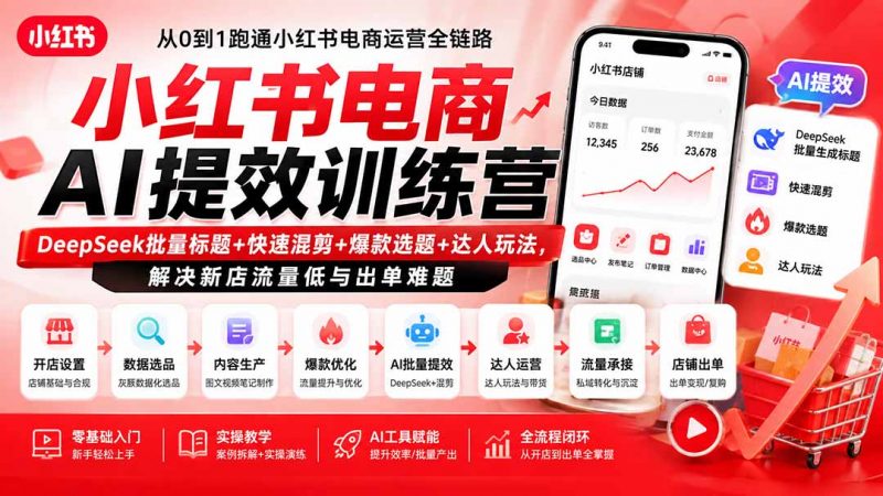 小红书电商AI提效训练营—DeepSeek批量标题+快速混剪+爆款选题+达人玩法,解决新店流量低与出单难题-玻哥网络技术工作室