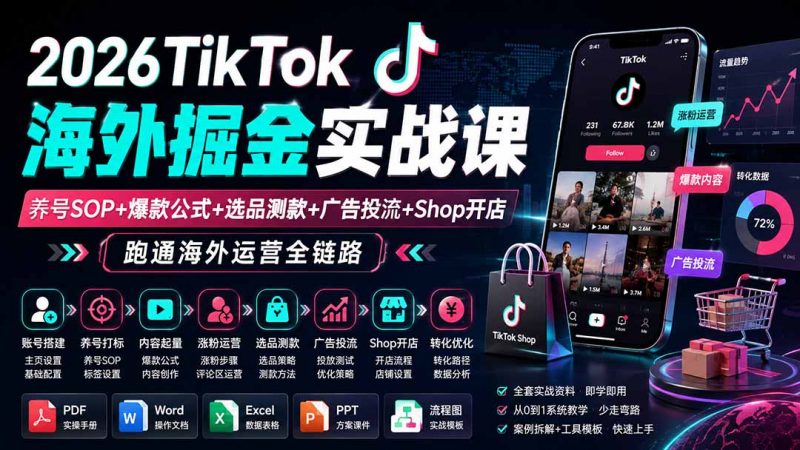 2026TikTok海外掘金实战课——养号SOP+爆款公式+选品测款+广告投流+Shop开店，跑通海外运营全链路-玻哥网络技术工作室