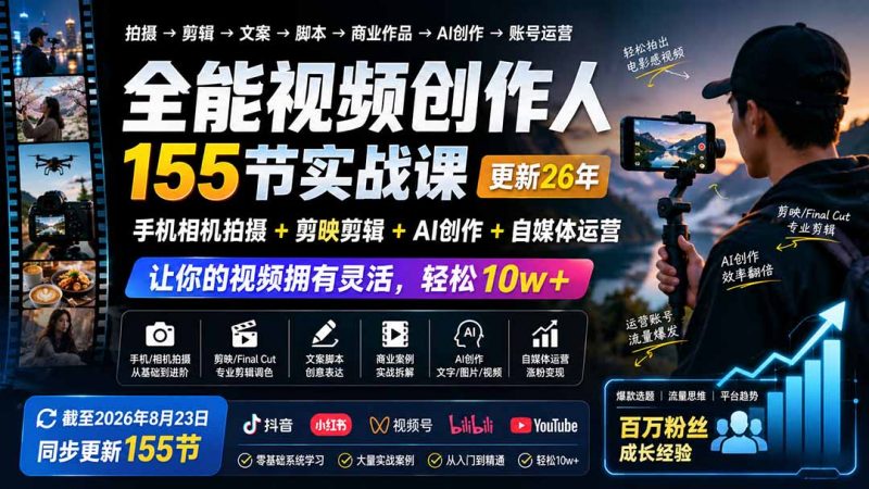 全能视频创作人155节实战课-更新26年8月：手机相机拍摄+剪映剪辑+AI创作+自媒体运营，让你的视频拥有灵活，轻松10w-玻哥网络技术工作室