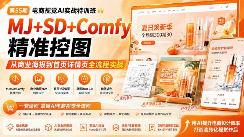 电商视觉 AI实战训练营第55期：MJ+SD+Comfy精准控图，从商业海报到首页详情页全流程实战-玻哥网络技术工作室