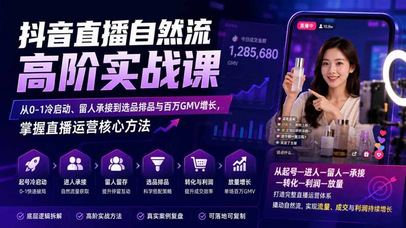 抖音直播自然流高阶实战课：从0-1冷启动、留人承接到选品排品与百万GMV增长，掌握直播运营核心方法-玻哥网络技术工作室