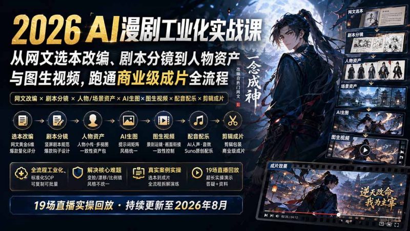 2026 AI漫剧工业化实战课-更新：从网文选本改编、剧本分镜到人物资产与图生视频，跑通商业级成片全流程-玻哥网络技术工作室