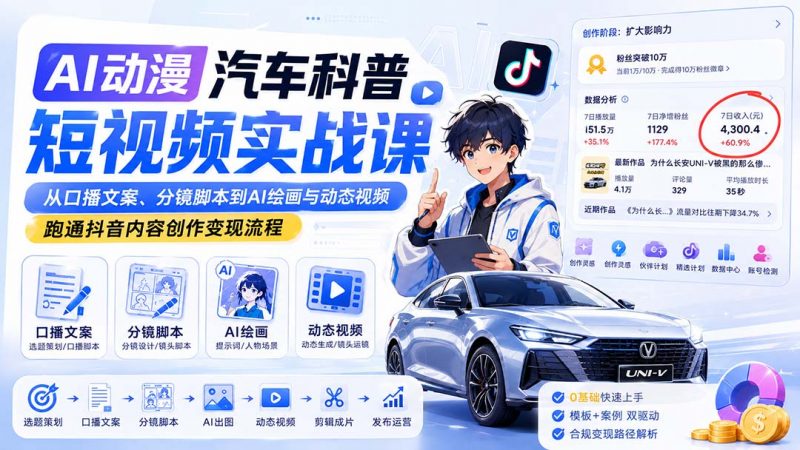 AI动漫汽车科普短视频实战课：从口播文案、分镜脚本到AI绘画与动态视频，跑通抖音内容创作变现流程-玻哥网络技术工作室
