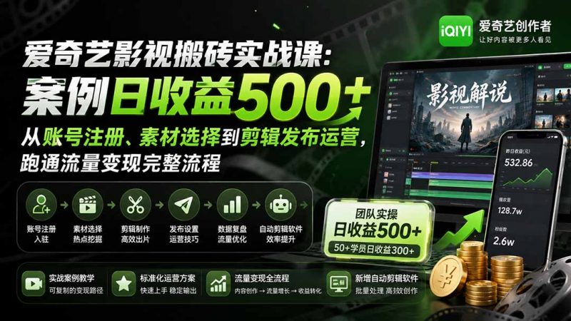 爱奇艺影视搬砖实战课：案例日收益500+，从账号注册、素材选择到剪辑发布运营，跑通流量变现完整流程-玻哥网络技术工作室