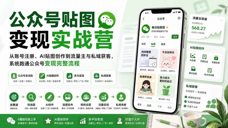 公众号贴图变现实战营：从账号注册、AI贴图创作到流量主与私域获客，系统跑通公众号变现完整流程-玻哥网络技术工作室
