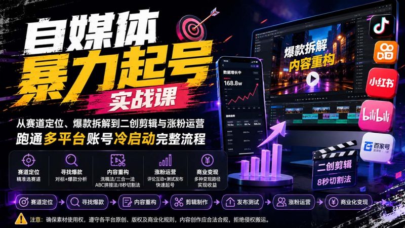 自媒体暴力起号实战课：从赛道定位、爆款拆解到二创剪辑与涨粉运营，跑通多平台账号冷启动完整流程-玻哥网络技术工作室
