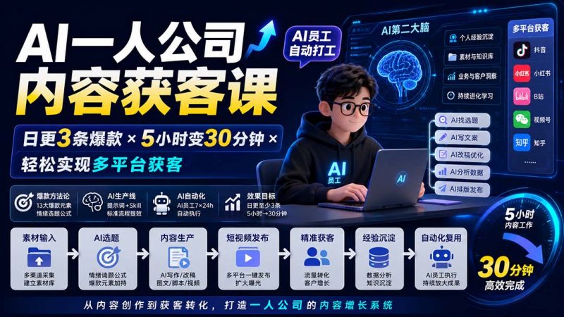 AI一人公司内容获客课-更新8月：日更3条爆款×5小时变30分钟×AI员工自动打工，轻松实现多平台获客-玻哥网络技术工作室