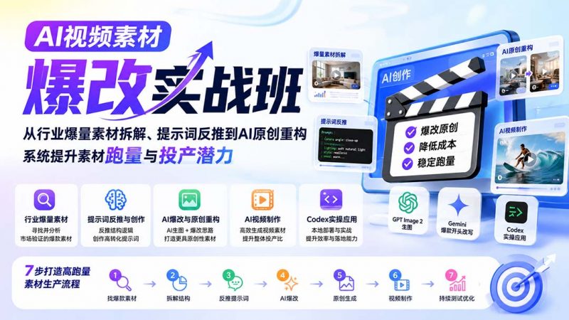 AI视频素材爆改实战班-更新8月：从行业爆量素材拆解、提示词反推到AI原创重构，系统提升素材跑量与投产潜力-玻哥网络技术工作室