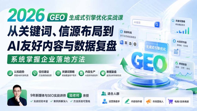 2026 GEO生成式引擎优化实战课：从关键词、信源布局到AI友好内容与数据复盘，系统掌握企业落地方法-玻哥网络技术工作室