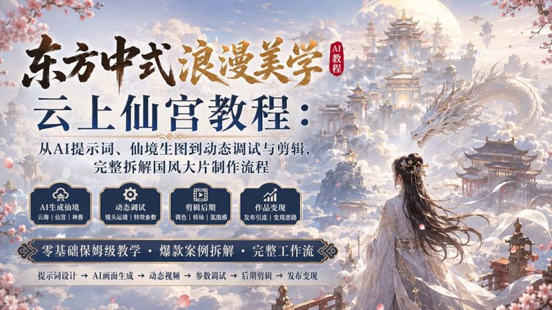 东方中式浪漫美学云上仙宫教程：从AI提示词、仙境生图到动态调试与剪辑，完整拆解国风大片制作流程-玻哥网络技术工作室
