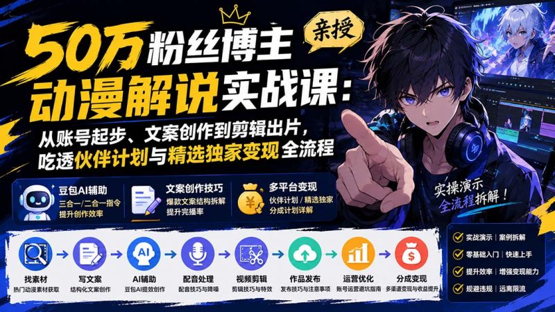50万粉丝博主亲授动漫解说实战课：从账号起步、文案创作到剪辑出片，吃透伙伴计划与精选独家变现全流程-玻哥网络技术工作室