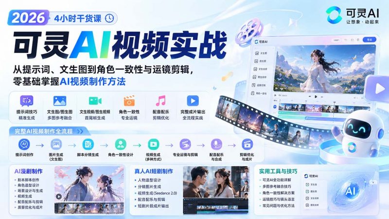 2026可灵AI视频实战-4小时干货课：从提示词、文生图到角色一致性与运镜剪辑，零基础掌握AI视频制作方法-玻哥网络技术工作室