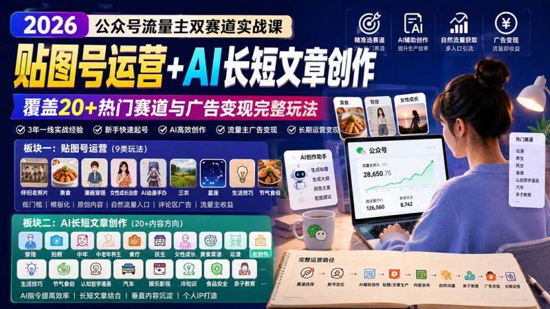 公众号流量主双赛道实战课：贴图号运营+AI长短文章创作，覆盖20+热门赛道与广告变现完整玩法-玻哥网络技术工作室