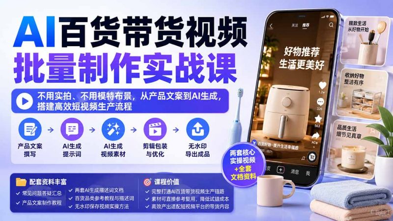AI百货带货视频批量制作实战课：不用实拍、不用模特布景，从产品文案到AI生成，搭建高效短视频生产流程-玻哥网络技术工作室