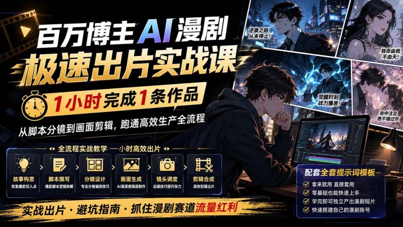 百万博主AI漫剧极速出片实战课：1小时产出条作品，从脚本分镜到画面剪辑，跑通高效生产全流程-玻哥网络技术工作室