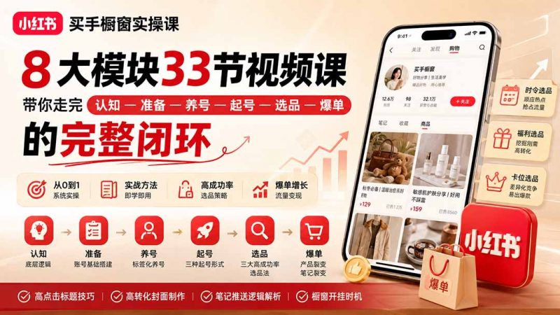 小红书买手橱窗实操课：8大模块33节视频课，带你走完”认知—准备—养号—起号—选品—爆单”的完整闭环-玻哥网络技术工作室