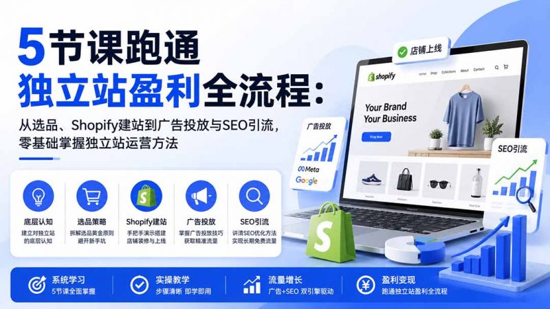 5节课跑通独立站盈利全流程：从选品、Shopify建站到广告投放与SEO引流，零基础掌握独立站运营方法-玻哥网络技术工作室