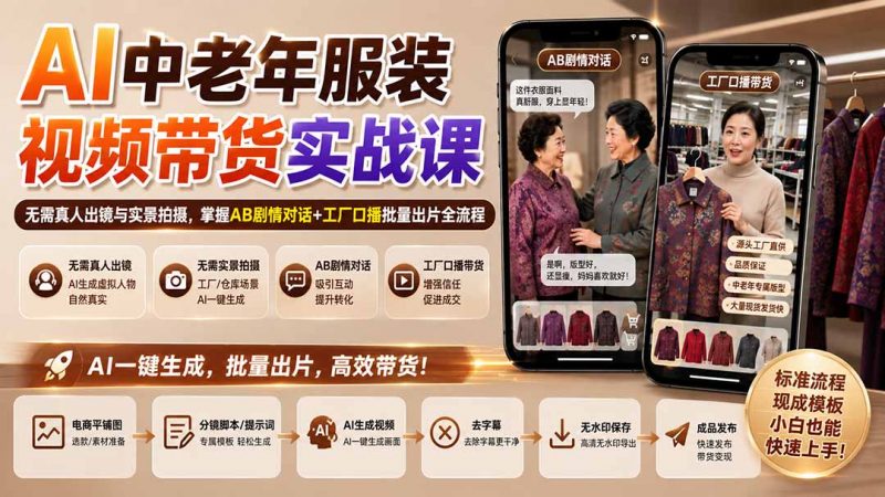AI中老年服装视频带货实战课：无需真人出镜与实景拍摄，掌握AB剧情对话+工厂口播批量出片全流程-玻哥网络技术工作室