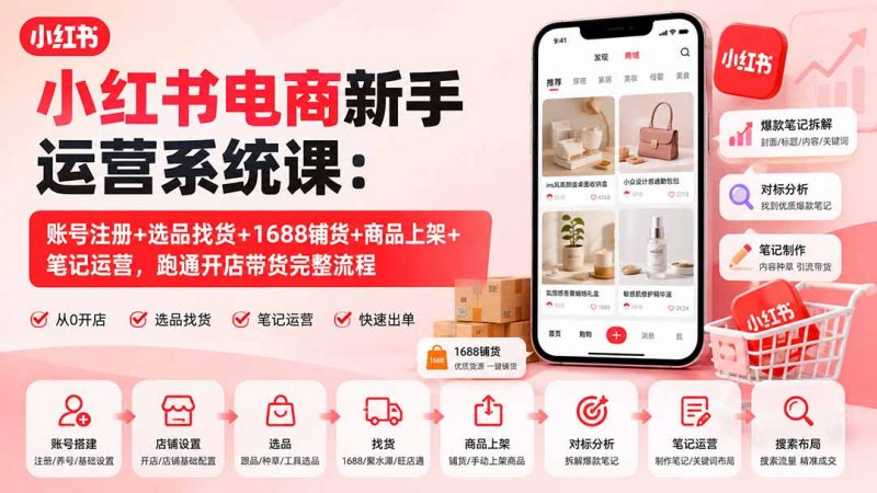 小红书电商新手运营系统课：账号注册+选品找货+1688铺货+商品上架+笔记运营，跑通开店带货完整流程-玻哥网络技术工作室