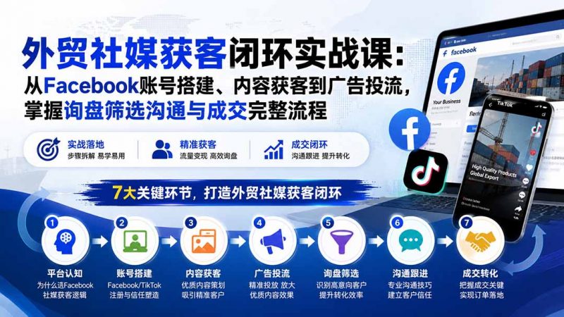 外贸社媒获客闭环实战课：从Facebook账号搭建、内容获客到广告投流，掌握询盘筛选沟通与成交完整流程-玻哥网络技术工作室