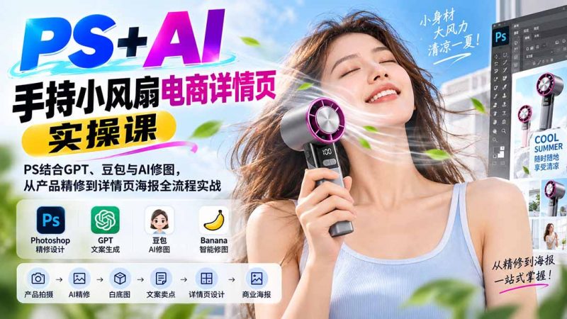 PS+AI手持小风扇电商详情页实操课：PS结合GPT、豆包与AI修图，从产品精修到详情页海报全流程实战-玻哥网络技术工作室