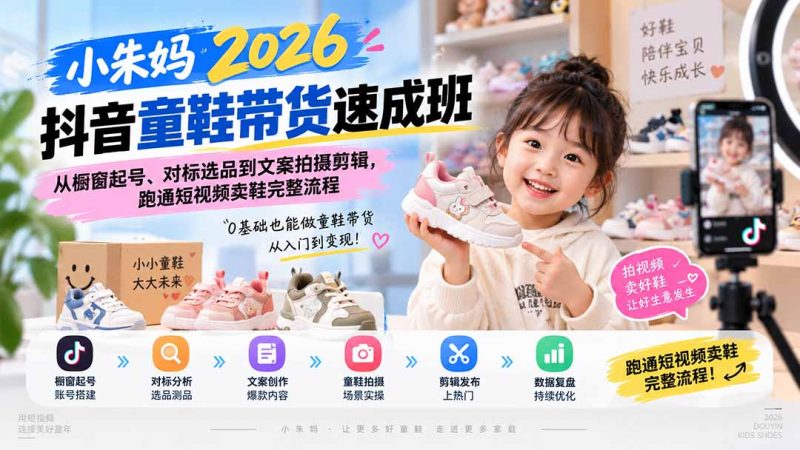 小朱妈2026抖音童鞋带货速成班：从橱窗起号、对标选品到文案拍摄剪辑，跑通短视频卖鞋完整流程-玻哥网络技术工作室