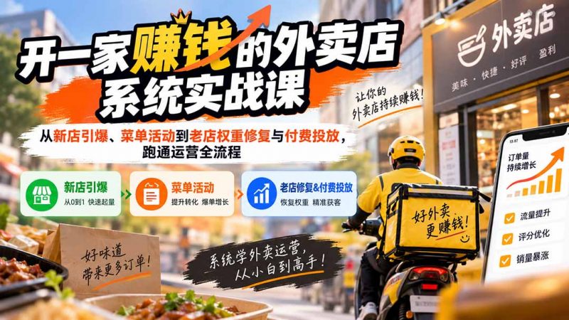开一家赚钱的外卖店系统实战课：从新店引爆、菜单活动到老店权重修复与付费投放，跑通运营全流程-玻哥网络技术工作室