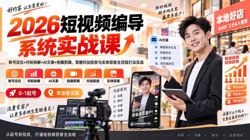 2026短视频编导系统实战课：账号定位+对标拆解+AI文案+拍摄剪辑，掌握抖加投放与实体获客全流程打法实战-玻哥网络技术工作室