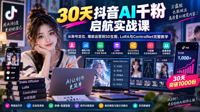 30天抖音AI千粉启航实战课：从账号定位、爆款运营到SD生图、LoRA与ControlNet完整教学-玻哥网络技术工作室