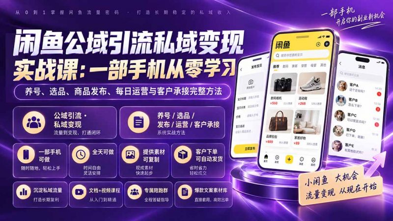 闲鱼公域引流私域变现实战课：一部手机从零学习养号、选品、商品发布、每日运营与客户承接完整方法-玻哥网络技术工作室