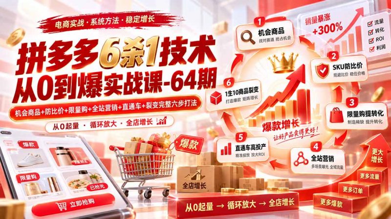 拼多多6杀1技术从0到爆实战课-64期：机会商品+防比价+限量购+全站营销+直通车+裂变完整六步打法-玻哥网络技术工作室