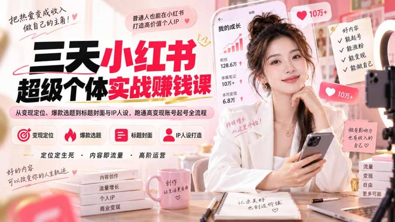 三天小红书超级个体实战赚钱课：从变现定位、爆款选题到标题封面与IP人设，跑通高变现账号起号全流程-玻哥网络技术工作室