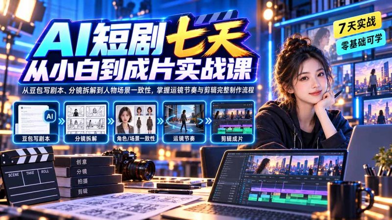 AI短剧七天从小白到成片实战课：从豆包写剧本、分镜拆解到人物场景一致性，掌握运镜节奏与剪辑完整制作流程-玻哥网络技术工作室