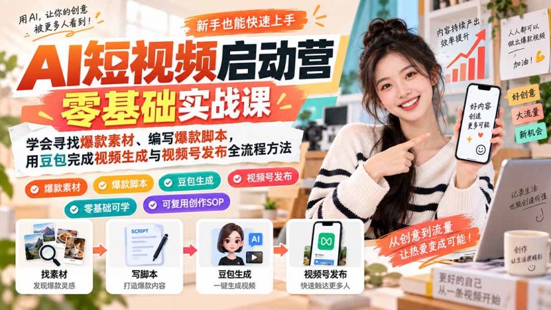AI短视频启动营零基础实战课：学会寻找爆款素材、编写爆款脚本，用豆包完成视频生成与视频号发布全流程方法-玻哥网络技术工作室