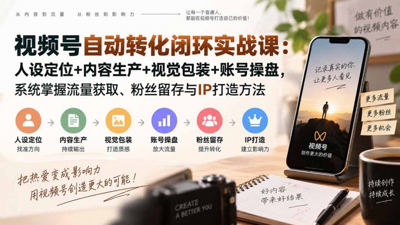 视频号自动转化闭环实战课：人设定位+内容生产+视觉包装+账号操盘，系统掌握流量获取、粉丝留存与IP打造方法-玻哥网络技术工作室