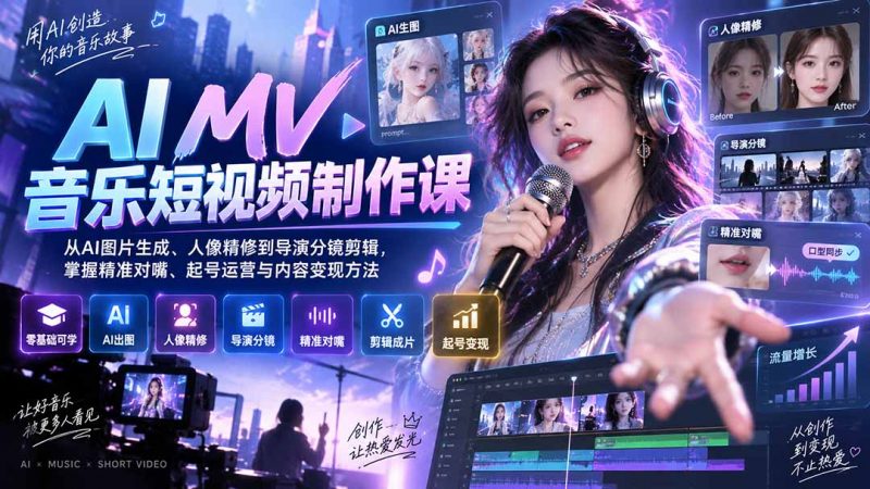AI MV音乐短视频制作课：从AI图片生成、人像精修到导演分镜剪辑，掌握精准对嘴、起号运营与内容变现方法-玻哥网络技术工作室