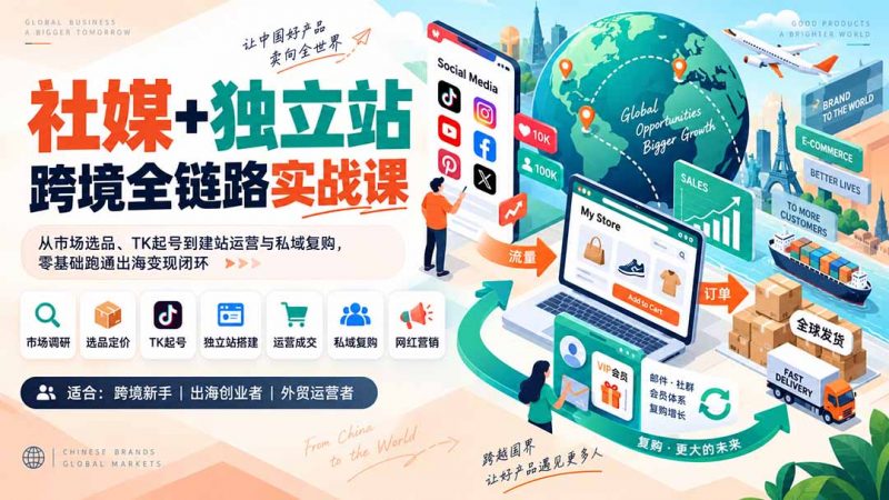 社媒+独立站跨境全链路实战课：从市场选品、TK起号到建站运营与私域复购，零基础跑通出海变现闭环-玻哥网络技术工作室