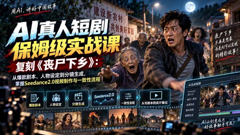 AI真人短剧保姆级实战课，复刻《丧尸下乡》：从爆款剧本、人物设定到分镜生成，掌握Seedance2.0视频制作与一致性流程-玻哥网络技术工作室