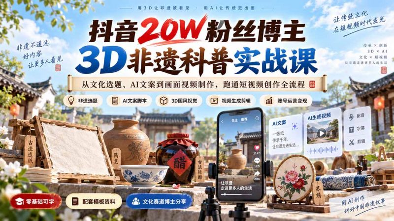 抖音20W粉丝博主3D非遗科普实战课：从文化选题、AI文案到画面视频制作，跑通短视频创作全流程-玻哥网络技术工作室