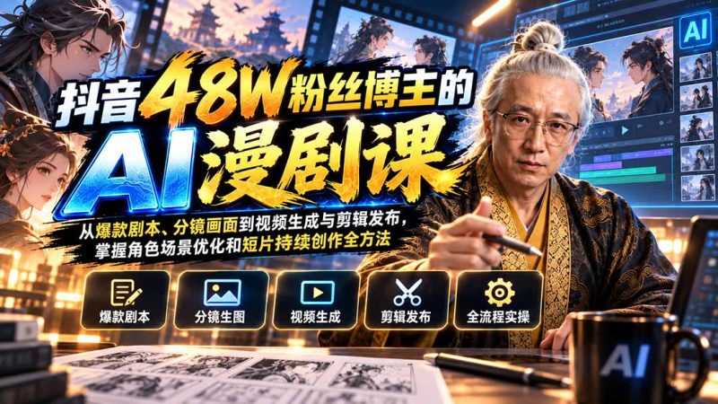 抖音48W粉丝博主的AI漫剧课：从爆款剧本、分镜画面到视频生成与剪辑发布，掌握角色场景优化和短片持续创作全方法-玻哥网络技术工作室