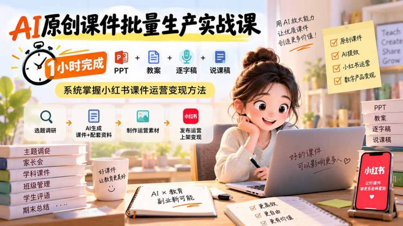 AI原创课件批量生产实战课：1小时完成PPT+教案+逐字稿+说课稿，系统掌握小红书课件运营变现方法-玻哥网络技术工作室