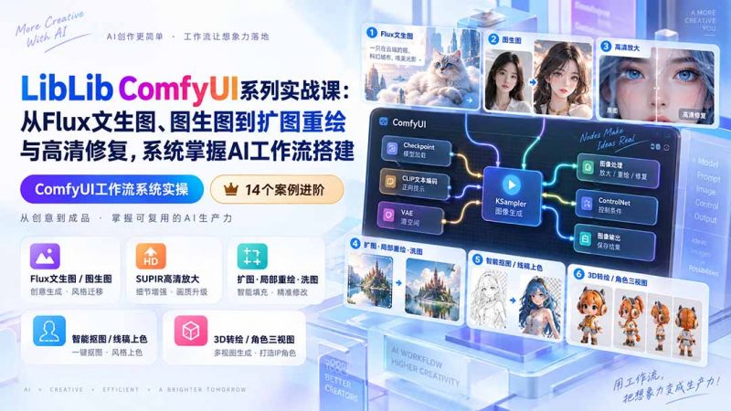 LibLib ComfyUI系列实战课：从Flux文生图、图生图到扩图重绘与高清修复，系统掌握AI工作流搭建-玻哥网络技术工作室