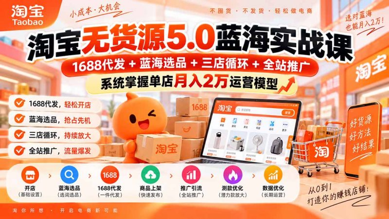 淘宝无货源5.0蓝海实战课-更新：1688代发+蓝海选品+三店循环+全站推广，系统掌握单店月入2万运营模型-玻哥网络技术工作室