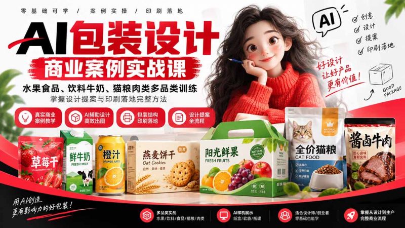 AI包装设计商业案例实战课：水果食品、饮料牛奶、猫粮肉类多品类训练，掌握设计提案与印刷落地完整方法-玻哥网络技术工作室