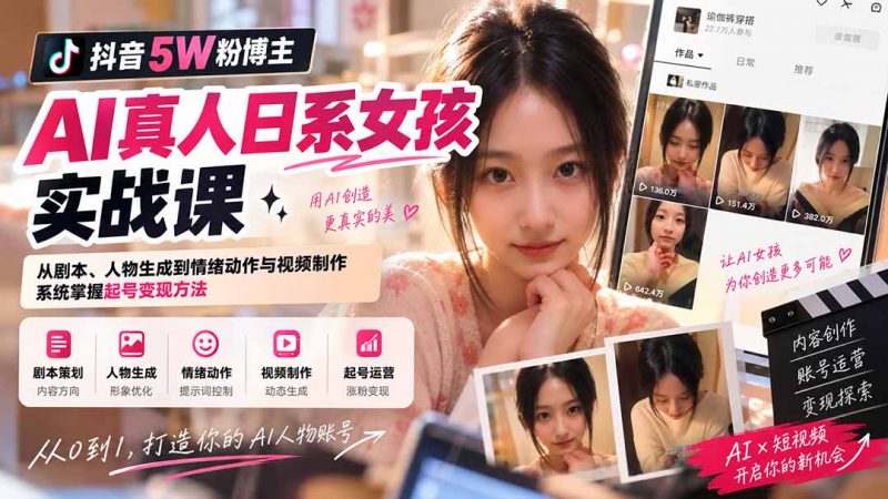 抖音5W粉博主AI真人日系女孩实战课：从剧本、人物生成到情绪动作与视频制作，系统掌握起号变现方法-玻哥网络技术工作室
