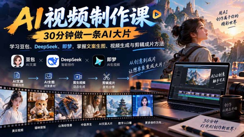 AI视频制作课-30分钟做一条AI大片：学习豆包、DeepSeek、即梦，掌握文案生图、视频生成与剪辑成片方法-玻哥网络技术工作室